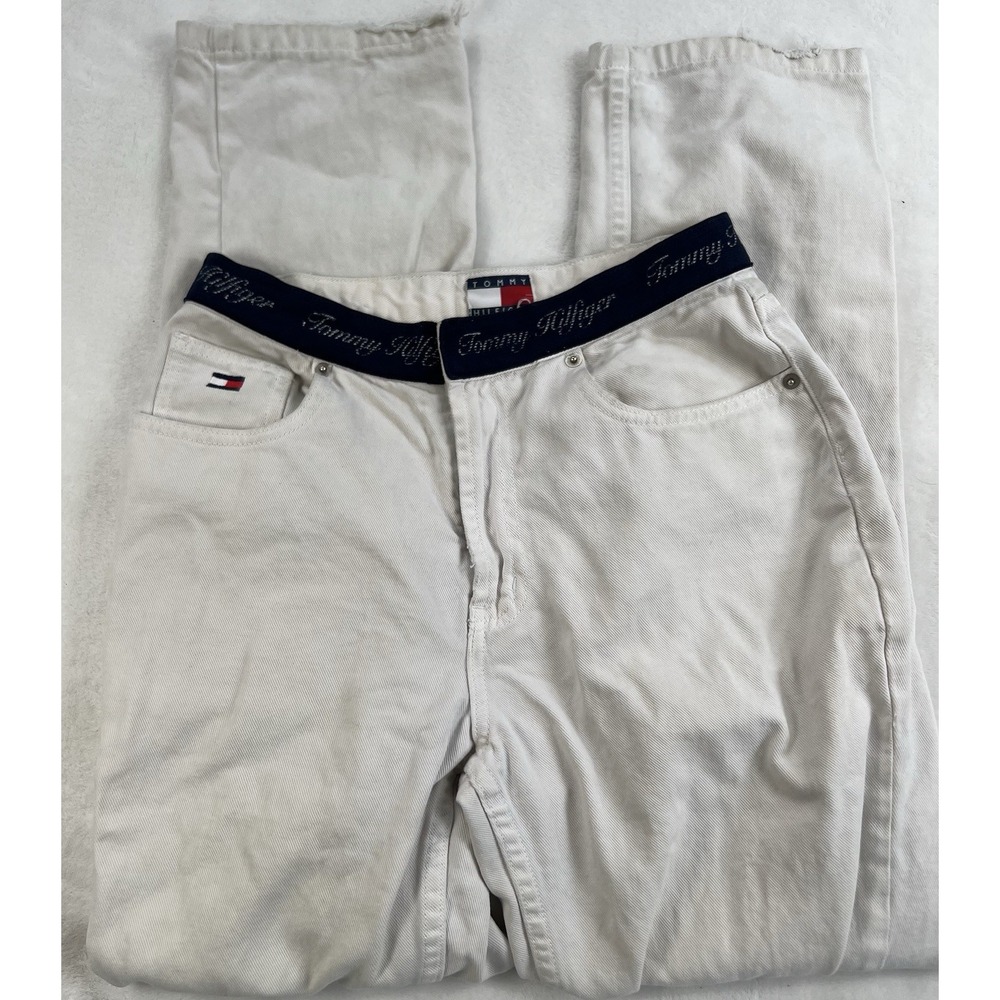 Vintage Tommy Hilfiger Size 8 White Jeans Spellout Logo Waist 5 Pocket High Rise